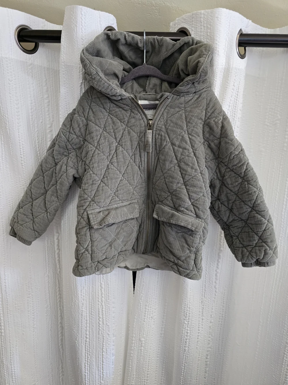 Kids 4t Quilted Hooded Corduroy Puffer Jacket - Gray